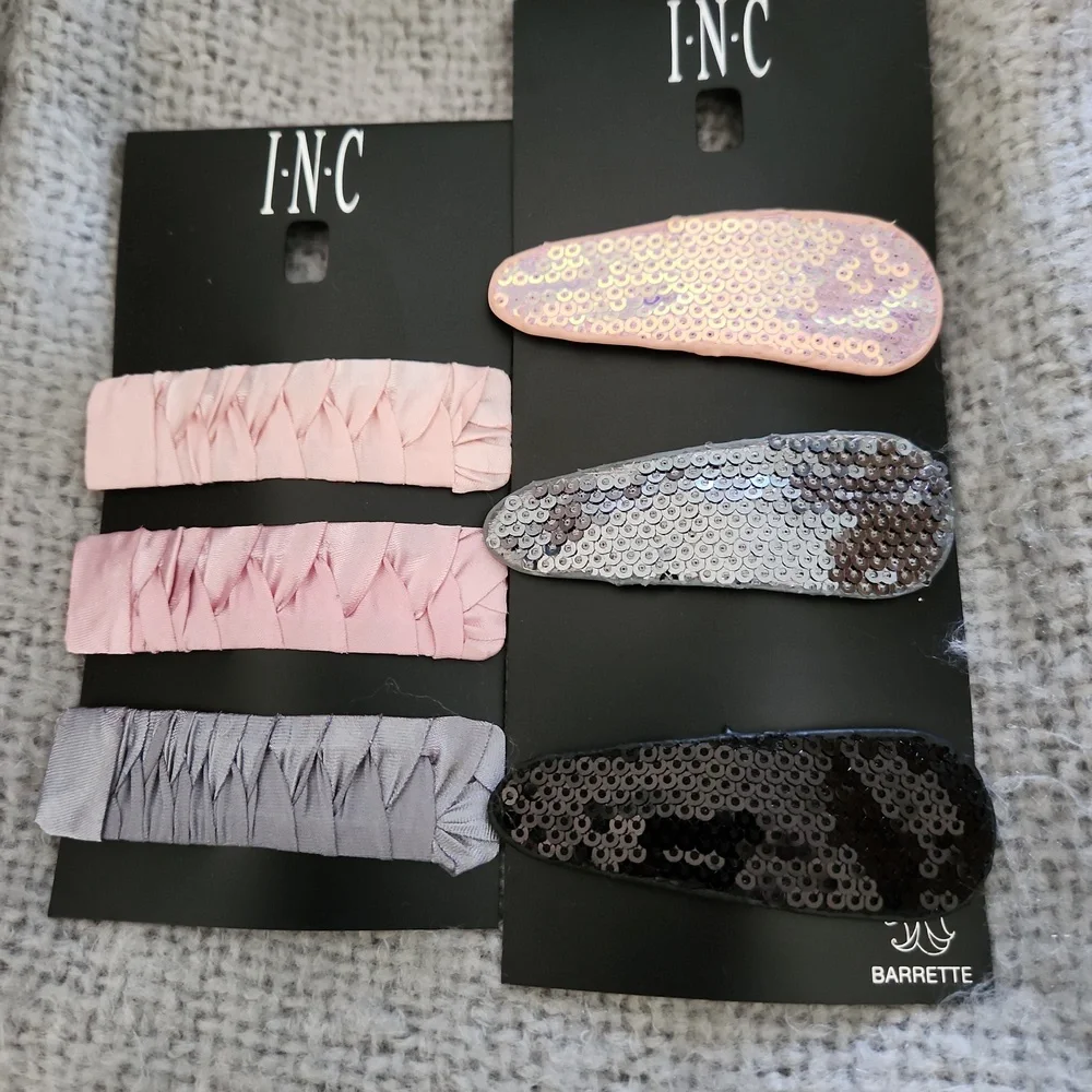 INC Sequin and Fabric Hair Clip Set - Pink, Black, Silver